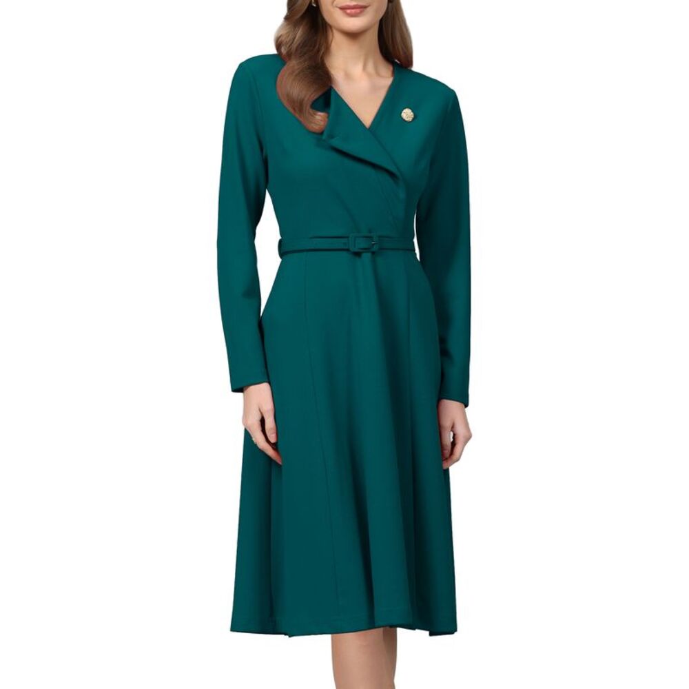 Women Lapel V Neck Long Sleeve A-Line with Belted Work Dress  Blue Green